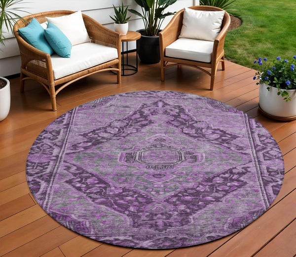 HomeRoots 8' Eggplant & Lavender Round Medallion Rug - Durable, Machine Washable, Perfect for Indoor/Outdoor Use! 620151