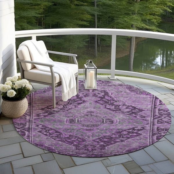 HomeRoots 8' Eggplant & Lavender Round Medallion Rug - Durable, Machine Washable, Perfect for Indoor/Outdoor Use! 620151