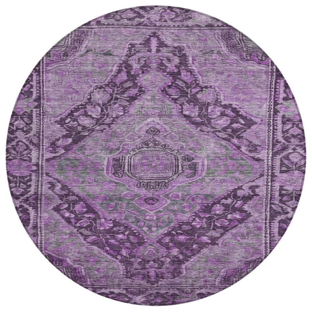 HomeRoots 8' Eggplant & Lavender Round Medallion Rug - Durable, Machine Washable, Perfect for Indoor/Outdoor Use! 620151
