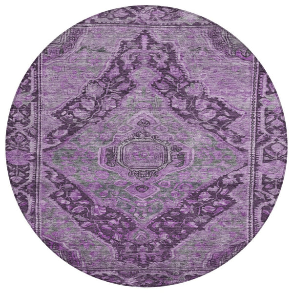 HomeRoots 8' Eggplant & Lavender Round Medallion Rug - Durable, Machine Washable, Perfect for Indoor/Outdoor Use! 620151