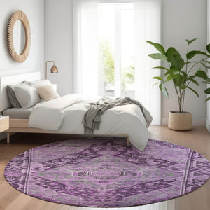 HomeRoots 8' Eggplant & Lavender Round Medallion Rug - Durable, Machine Washable, Perfect for Indoor/Outdoor Use! 620151