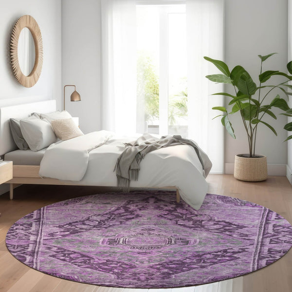 HomeRoots 8' Eggplant & Lavender Round Medallion Rug - Durable, Machine Washable, Perfect for Indoor/Outdoor Use! 620151
