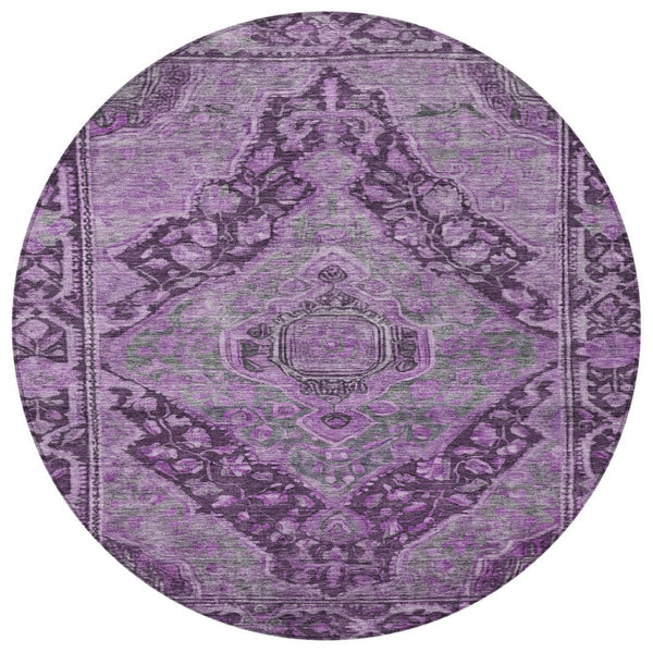 HomeRoots 8' Eggplant & Lavender Round Medallion Rug - Durable, Machine Washable, Perfect for Indoor/Outdoor Use! 620151