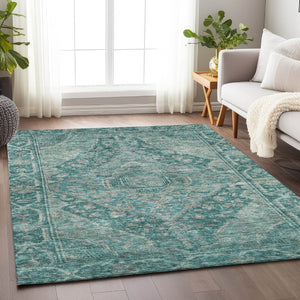 HomeRoots 5' Teal Blue & Aqua Medallion Area Rug - Stylish, Washable Indoor/Outdoor Accent for Any Space 620174