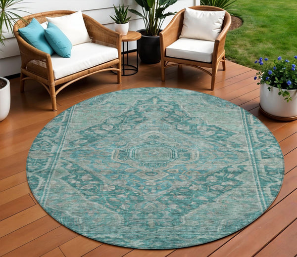 HomeRoots 8' Teal Blue Aqua Round Medallion Rug – Stylish, Easy-Care Indoor/Outdoor Area Rug for All Spaces 620175