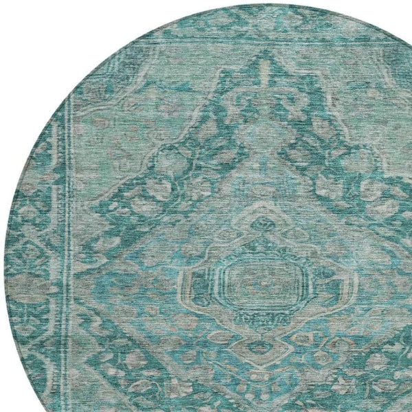 HomeRoots 8' Teal Blue Aqua Round Medallion Rug – Stylish, Easy-Care Indoor/Outdoor Area Rug for All Spaces 620175
