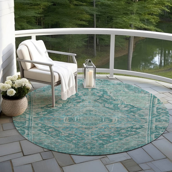 HomeRoots 8' Teal Blue Aqua Round Medallion Rug – Stylish, Easy-Care Indoor/Outdoor Area Rug for All Spaces 620175