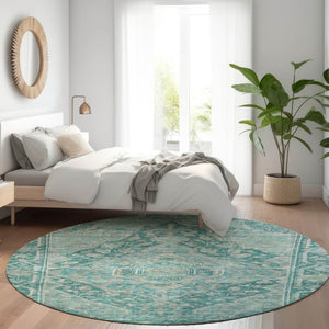 HomeRoots 8' Teal Blue Aqua Round Medallion Rug – Stylish, Easy-Care Indoor/Outdoor Area Rug for All Spaces 620175
