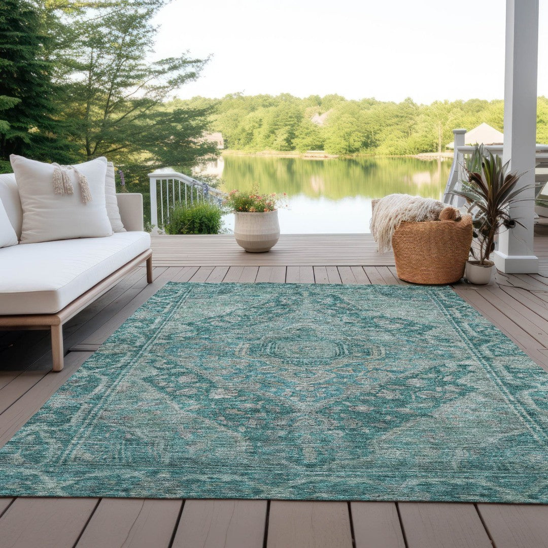 9' X 12' Stylish Teal Blue & Aqua Medallion Area Rug – Washable, Durab