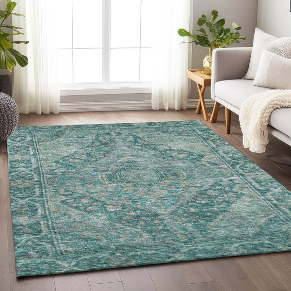 HomeRoots 9' X 12' Stylish Teal Blue & Aqua Medallion Area Rug – Washable, Durable for Indoor & Outdoor Use! 620177
