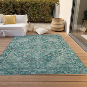 HomeRoots 9' X 12' Stylish Teal Blue & Aqua Medallion Area Rug – Washable, Durable for Indoor & Outdoor Use! 620177