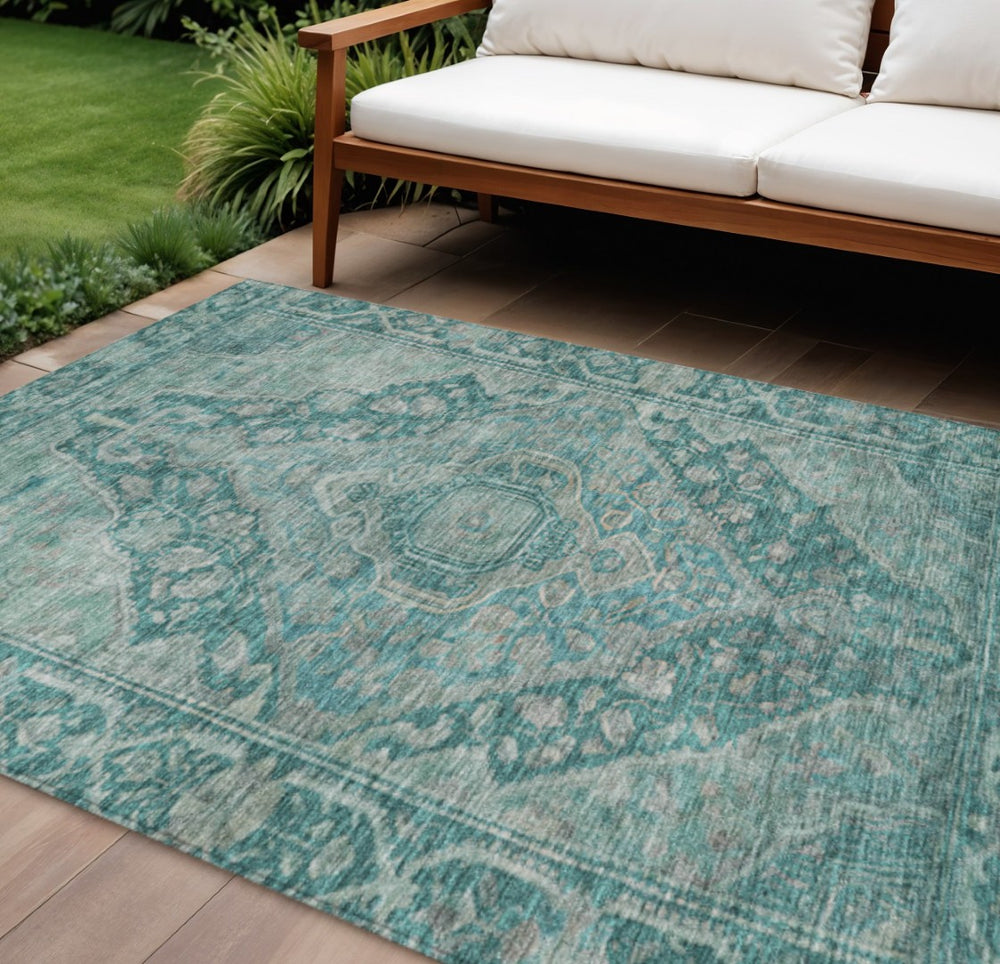 HomeRoots 10' X 14' Teal Blue Aqua Medallion Area Rug - Stylish, Washable, Indoor-Outdoor, Durable Design 620178