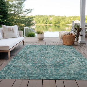 HomeRoots 10' X 14' Teal Blue Aqua Medallion Area Rug - Stylish, Washable, Indoor-Outdoor, Durable Design 620178