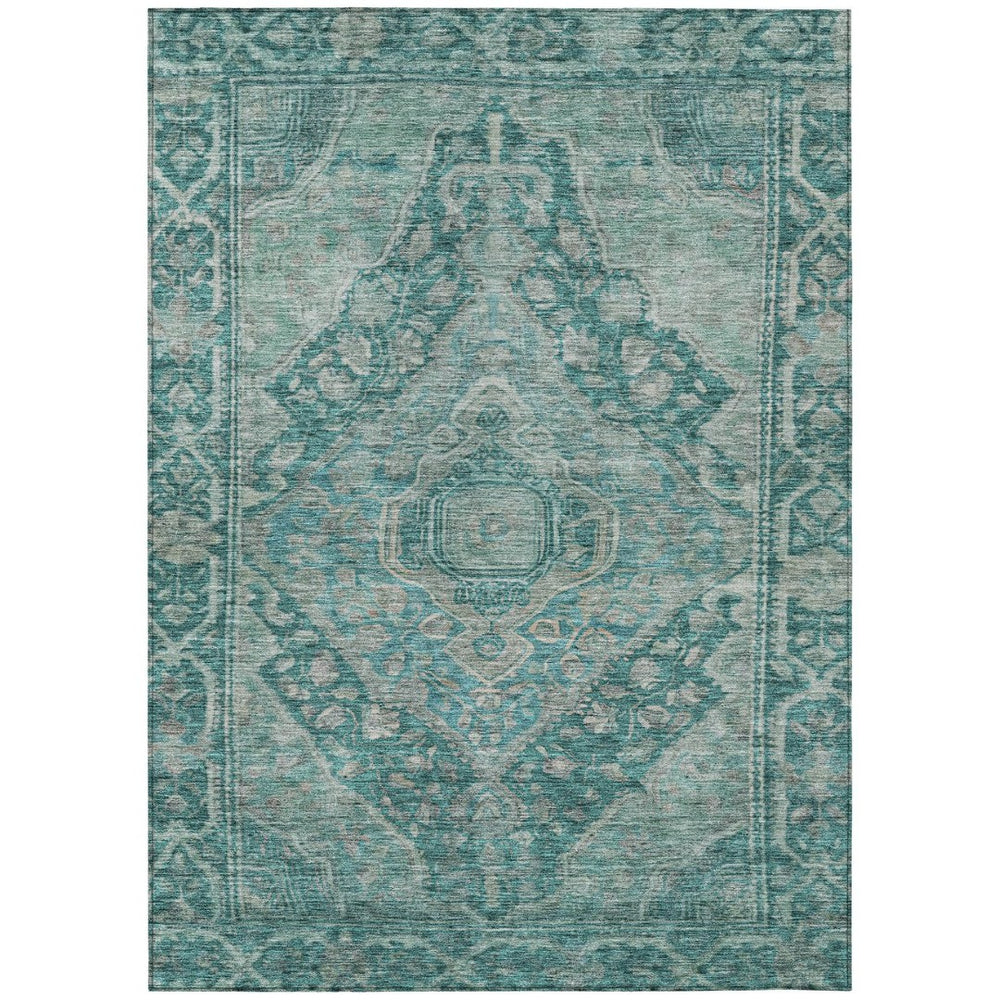 HomeRoots 10' X 14' Teal Blue Aqua Medallion Area Rug - Stylish, Washable, Indoor-Outdoor, Durable Design 620178