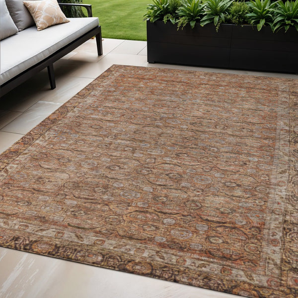 HomeRoots 5' Indoor Outdoor Copper and Peach Floral Washable Area Rug - Durable, Stylish, Versatile Decor Solution 620186