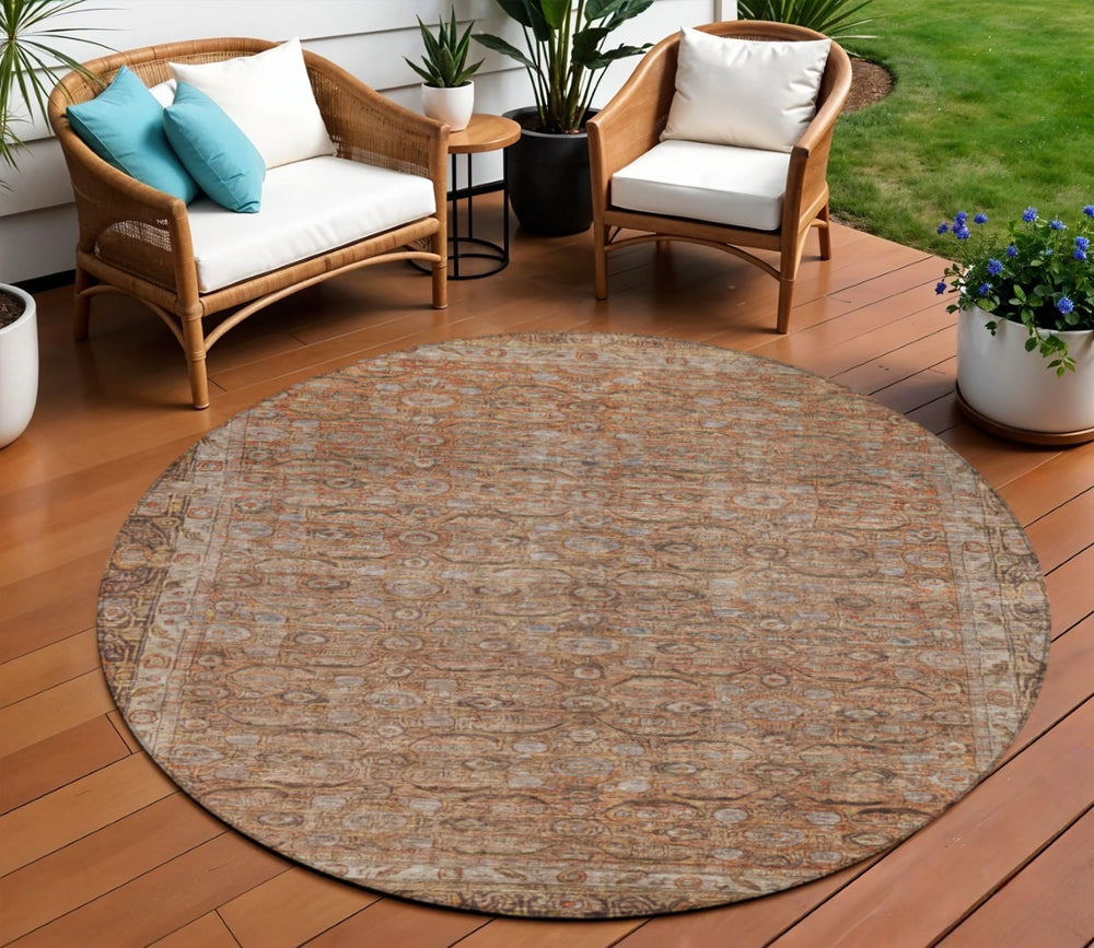 HomeRoots 8' Copper and Peach Round Floral Area Rug – Washable, Durable, Ideal for Indoor & Outdoor Spaces! 620187