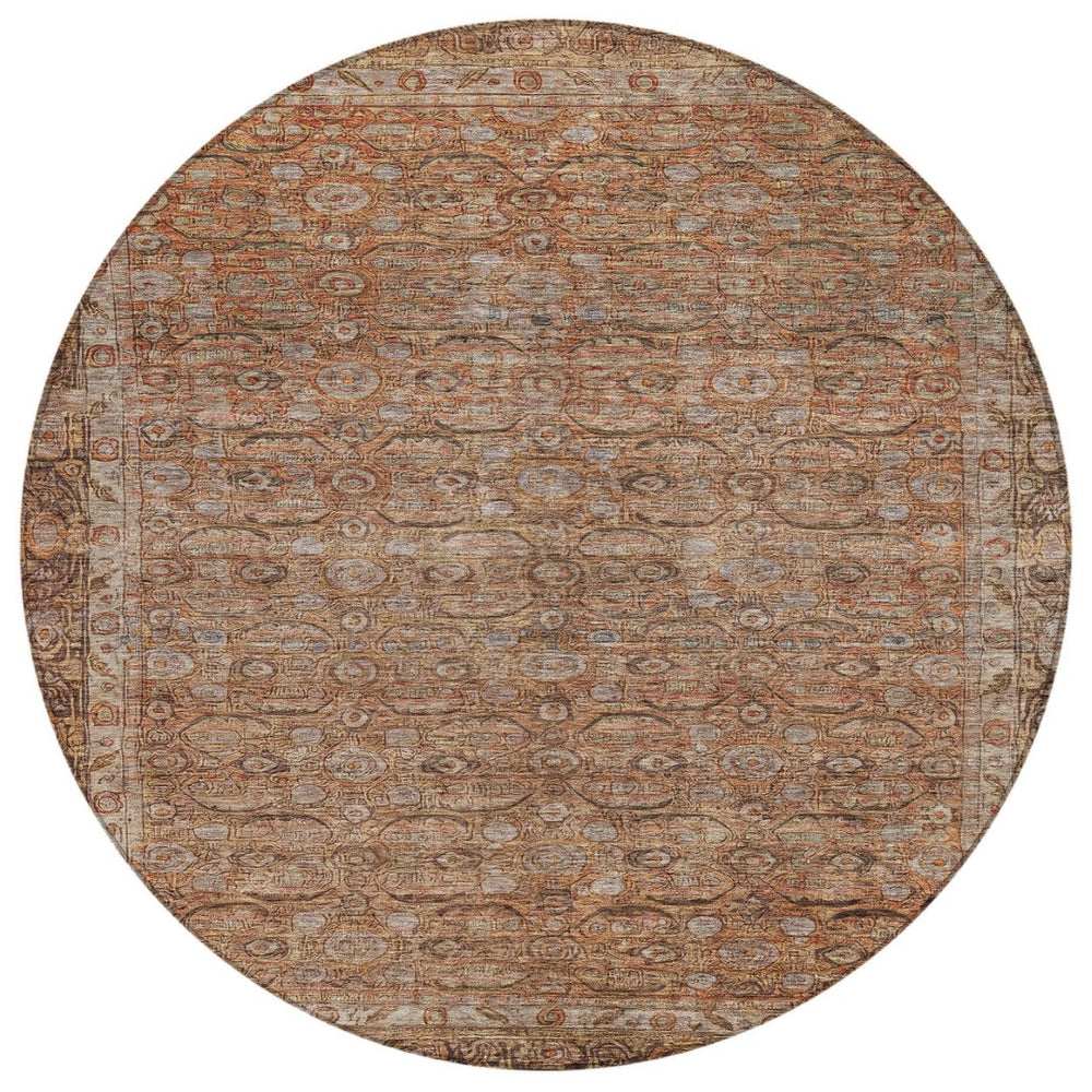 HomeRoots 8' Copper and Peach Round Floral Area Rug – Washable, Durable, Ideal for Indoor & Outdoor Spaces! 620187