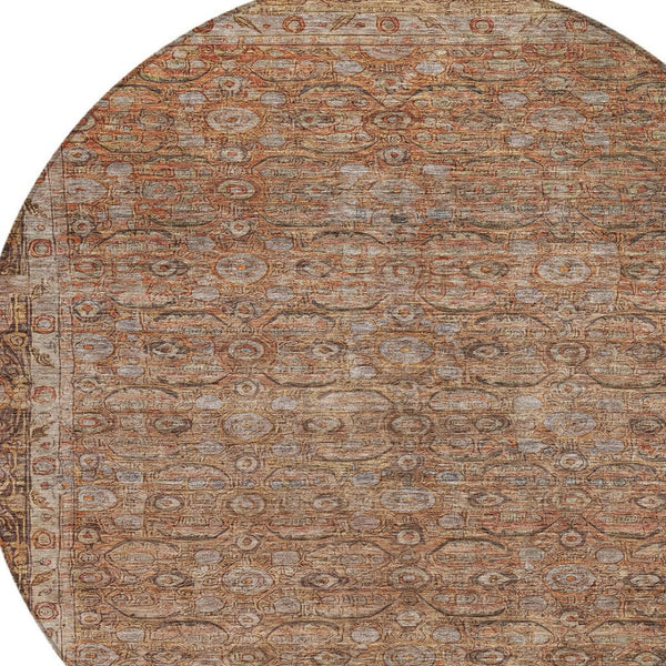 HomeRoots 8' Copper and Peach Round Floral Area Rug – Washable, Durable, Ideal for Indoor & Outdoor Spaces! 620187