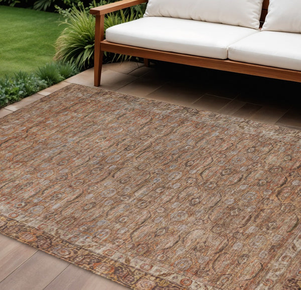 HomeRoots 8' X 10' Copper and Peach Floral Indoor-Outdoor Area Rug - Durable, Washable, Stain Resistant Design 620188