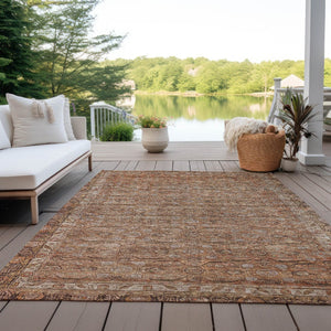 HomeRoots 8' X 10' Copper and Peach Floral Indoor-Outdoor Area Rug - Durable, Washable, Stain Resistant Design 620188