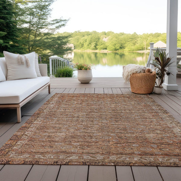 HomeRoots 9' X 12' Copper and Peach Floral Washable Area Rug - Stylish, Durable, Indoor/Outdoor Design for All Spaces 620189