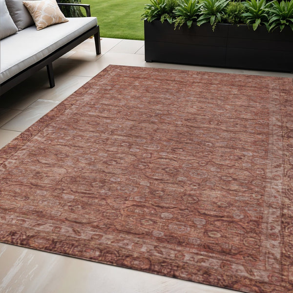 HomeRoots 5' Terra Cotta and Rust Floral Washable Area Rug - Durable, Stylish, Indoor/Outdoor Accent Piece 620198
