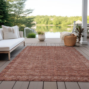 HomeRoots 5' Terra Cotta and Rust Floral Washable Area Rug - Durable, Stylish, Indoor/Outdoor Accent Piece 620198