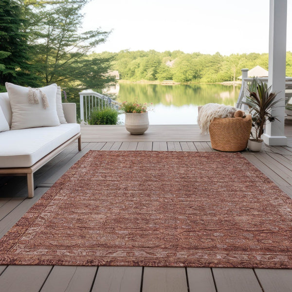 HomeRoots 5' Terra Cotta and Rust Floral Washable Area Rug - Durable, Stylish, Indoor/Outdoor Accent Piece 620198