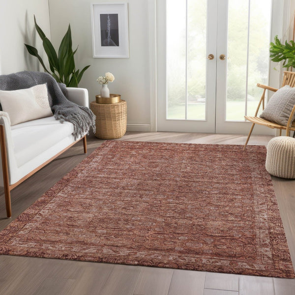 HomeRoots 5' Terra Cotta and Rust Floral Washable Area Rug - Durable, Stylish, Indoor/Outdoor Accent Piece 620198