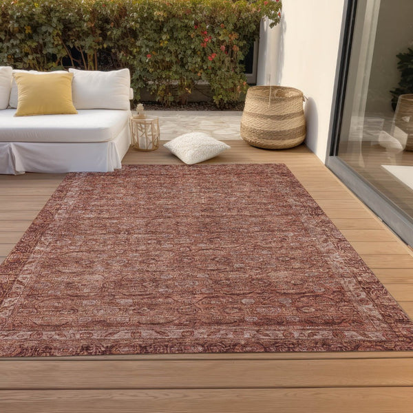 HomeRoots 5' Terra Cotta and Rust Floral Washable Area Rug - Durable, Stylish, Indoor/Outdoor Accent Piece 620198