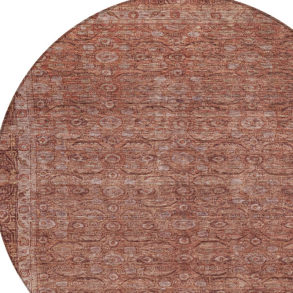 HomeRoots 8' Round Floral Area Rug in Terra Cotta & Rust - Durable, Washable Design for Indoor & Outdoor Use 620199