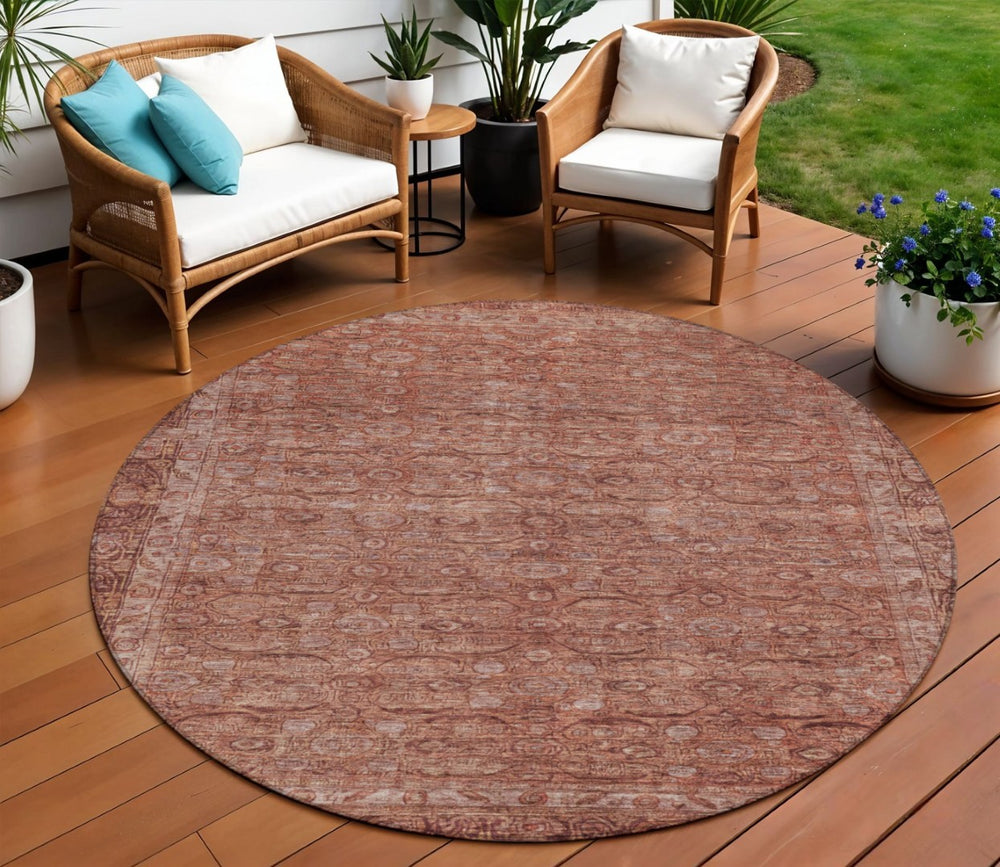 HomeRoots 8' Round Floral Area Rug in Terra Cotta & Rust - Durable, Washable Design for Indoor & Outdoor Use 620199