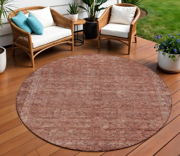 HomeRoots 8' Round Floral Area Rug in Terra Cotta & Rust - Durable, Washable Design for Indoor & Outdoor Use 620199