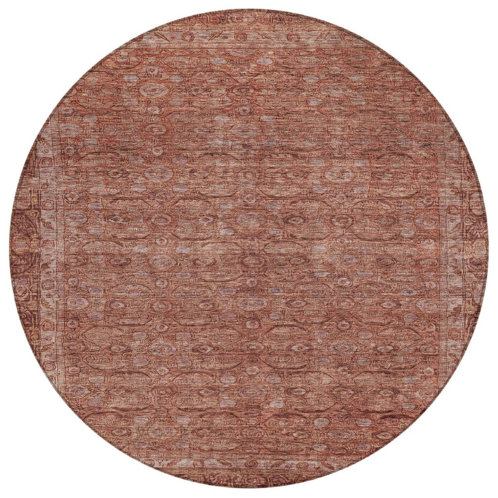HomeRoots 8' Round Floral Area Rug in Terra Cotta & Rust - Durable, Washable Design for Indoor & Outdoor Use 620199