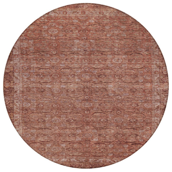 HomeRoots 8' Round Floral Area Rug in Terra Cotta & Rust - Durable, Washable Design for Indoor & Outdoor Use 620199