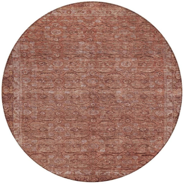HomeRoots 8' Round Floral Area Rug in Terra Cotta & Rust - Durable, Washable Design for Indoor & Outdoor Use 620199
