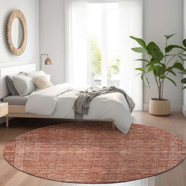 HomeRoots 8' Round Floral Area Rug in Terra Cotta & Rust - Durable, Washable Design for Indoor & Outdoor Use 620199