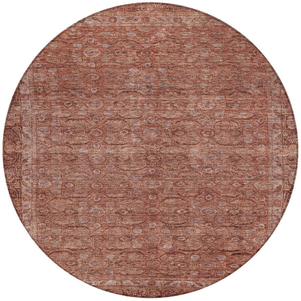 HomeRoots 8' Round Floral Area Rug in Terra Cotta & Rust - Durable, Washable Design for Indoor & Outdoor Use 620199