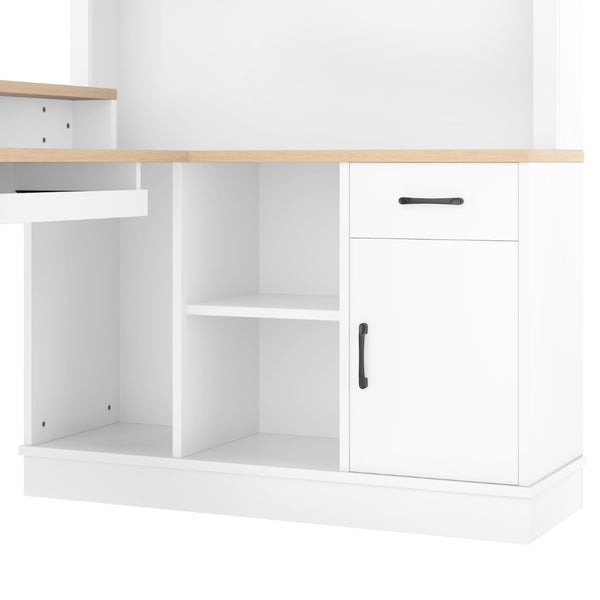 English Elm L-shaped Corner Computer Desk with Built-in Outlets Drawers and Open Shelving Storage W1580S00269