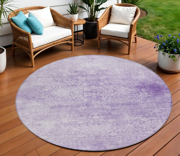 HomeRoots 8' Lilac and Ivory Round Floral Medallion Rug - Washable, Durable, Perfect for Indoor/Outdoor Spaces! 620223