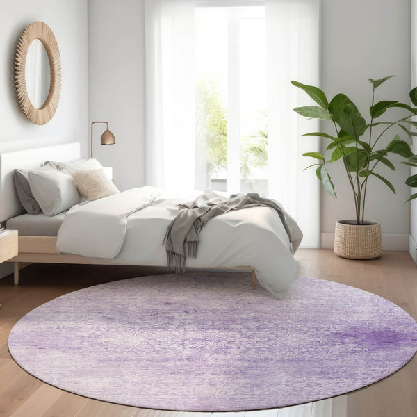 HomeRoots 8' Lilac and Ivory Round Floral Medallion Rug - Washable, Durable, Perfect for Indoor/Outdoor Spaces! 620223