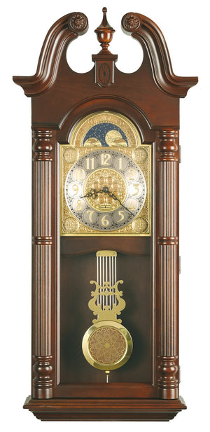 Hekman Furniture 620226 Maxwell Antique Wall Clock - Elegant Windsor Cherry Finish With Brass Accents & Chimes Windsor Cherry Maxwell Wall Clock 620226