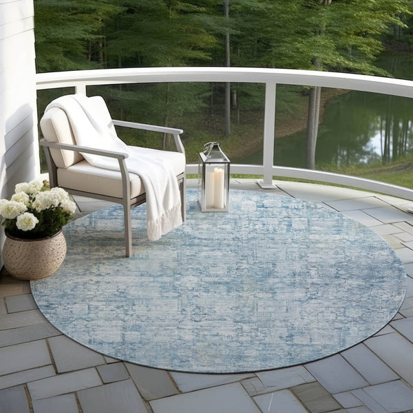 HomeRoots 8' Blue Abstract Washable Round Area Rug - Stylish, Durable, Indoor & Outdoor, Stain-Resistant Design 620265