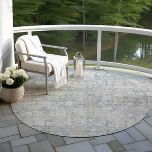 HomeRoots 8' Round Abstract Linen and Ivory Area Rug - Washable, Stain-Resistant, Indoor/Outdoor Versatility! 620277