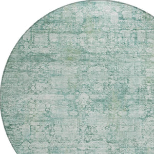 HomeRoots 8' Teal Blue & Ivory Round Abstract Rug - Durable, Washable, Stain-Resistant for Indoor/Outdoor Use 620283