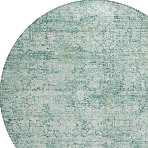 HomeRoots 8' Teal Blue & Ivory Round Abstract Rug - Durable, Washable, Stain-Resistant for Indoor/Outdoor Use 620283