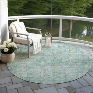 HomeRoots 8' Teal Blue & Ivory Round Abstract Rug - Durable, Washable, Stain-Resistant for Indoor/Outdoor Use 620283