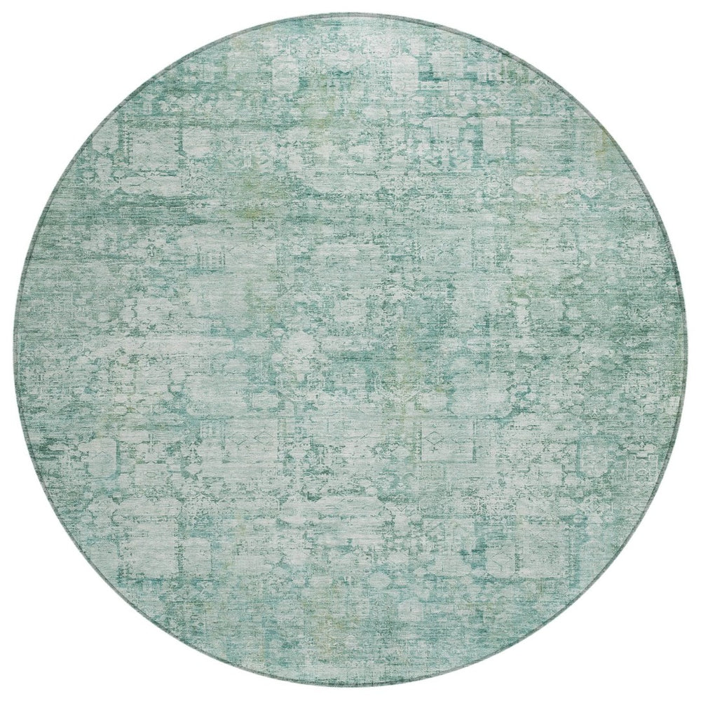 HomeRoots 8' Teal Blue & Ivory Round Abstract Rug - Durable, Washable, Stain-Resistant for Indoor/Outdoor Use 620283