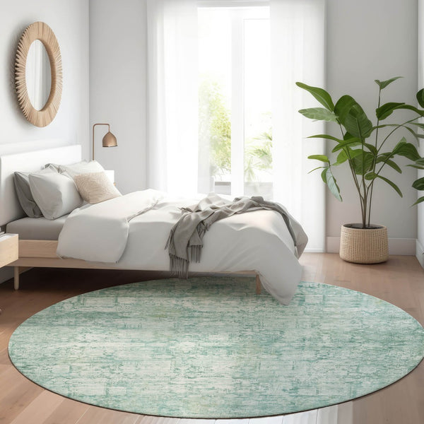 HomeRoots 8' Teal Blue & Ivory Round Abstract Rug - Durable, Washable, Stain-Resistant for Indoor/Outdoor Use 620283