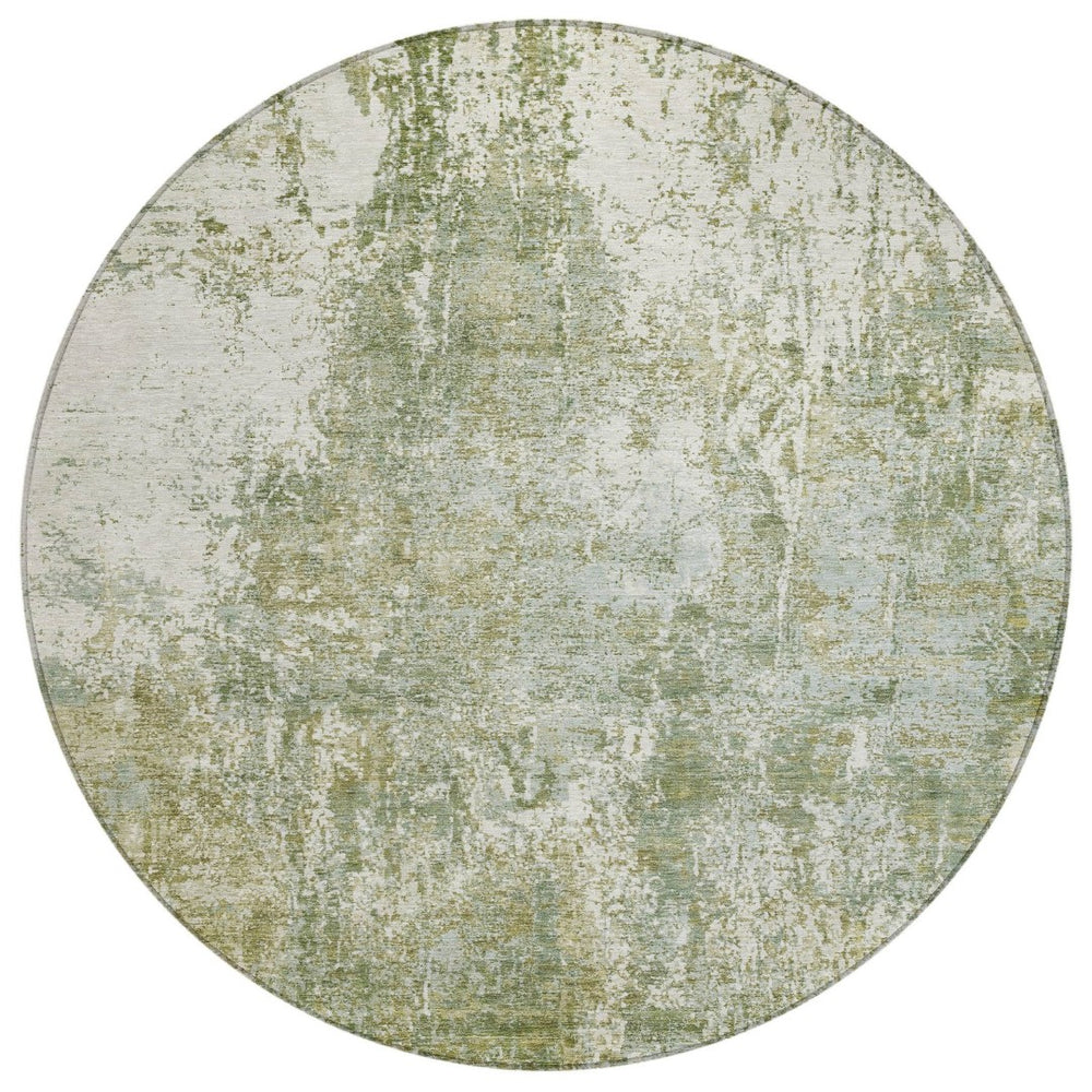 HomeRoots 8' Stylish Artichoke Green & Ivory Abstract Round Area Rug - Washable, Durable, Indoor/Outdoor Use! 620289